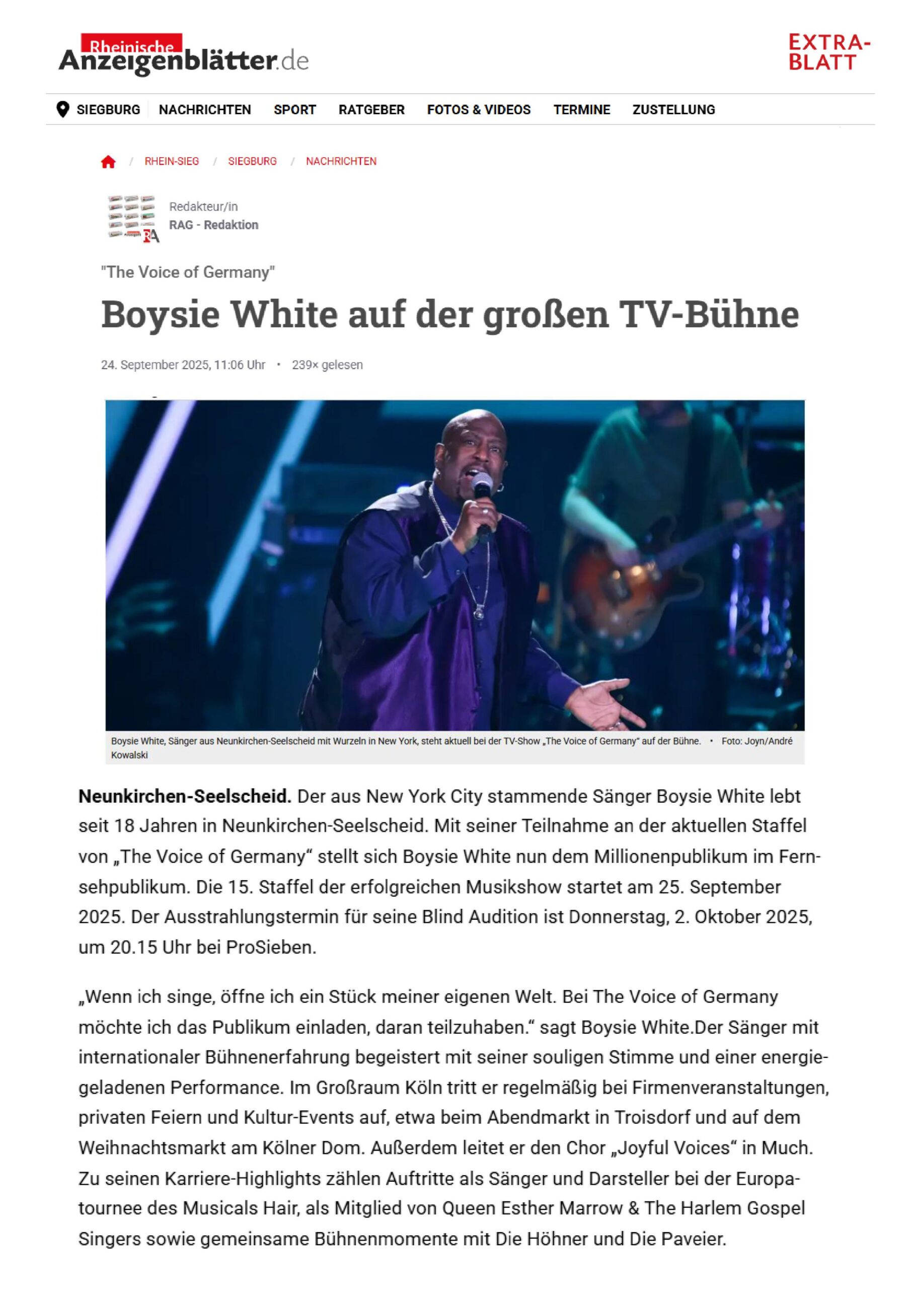Rheinische Anzeigenblätter vom 24.09.2025: Boysie White auf der großen TV-Bühne