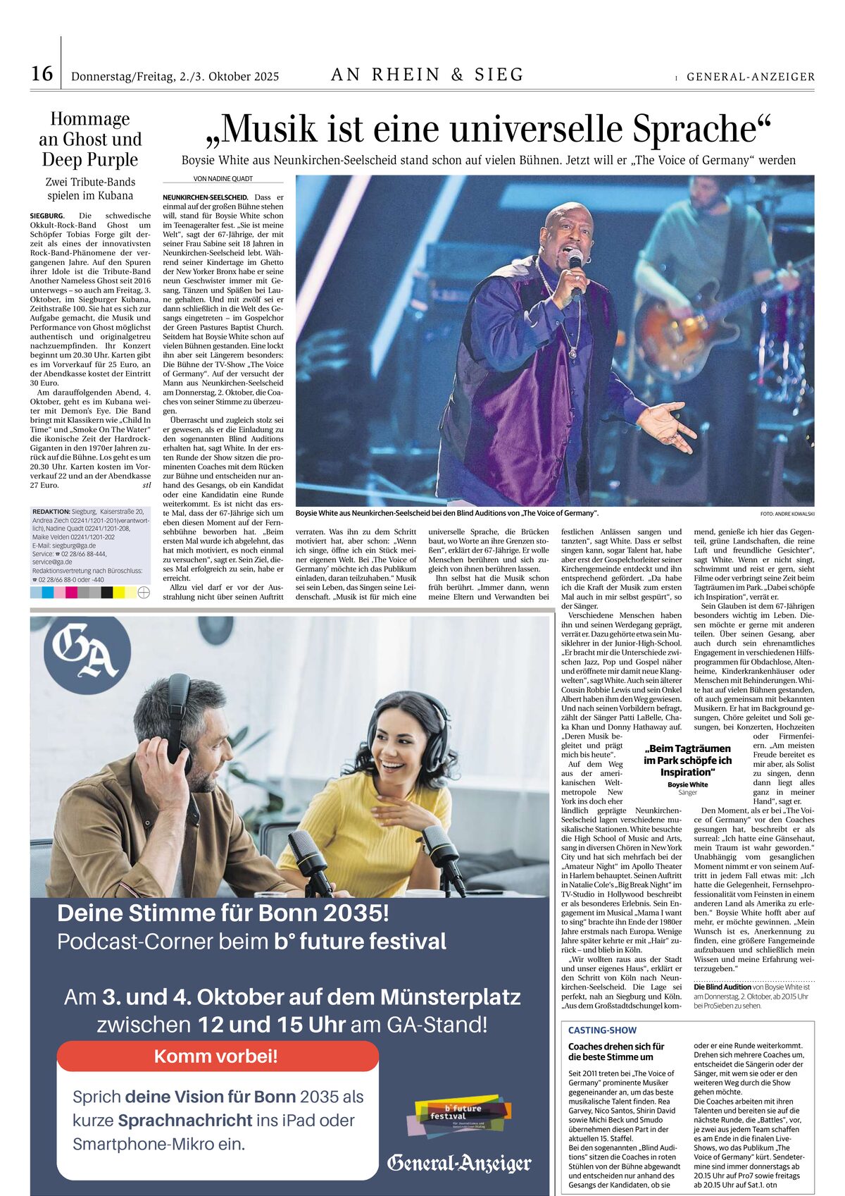 General-Anzeiger vom 02.10.2025: Musik ist eine universelle Sprache – Boysie White bei The Voice of Germany